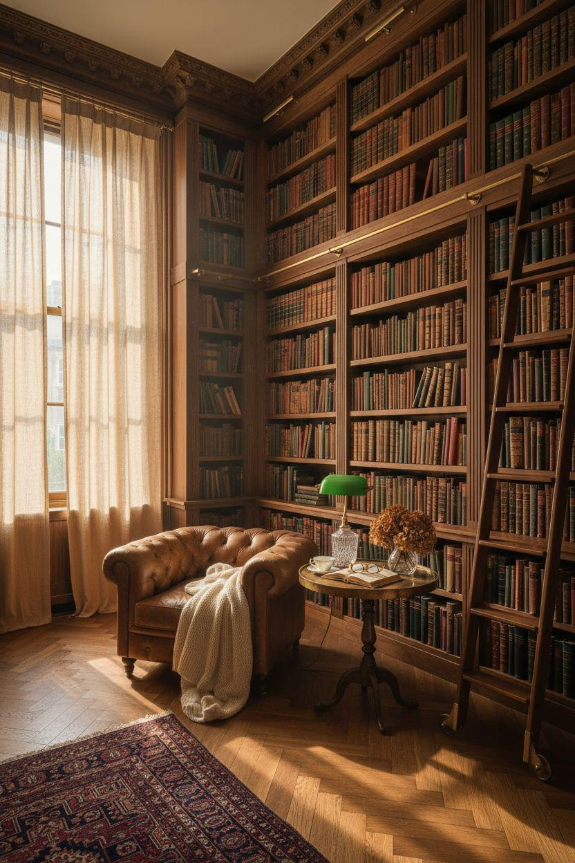 Home Library Rooms Ideas - towering bookshelves with ladder