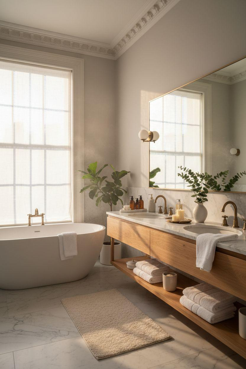 hotel bathroom with freestanding white tub and white oak vanity