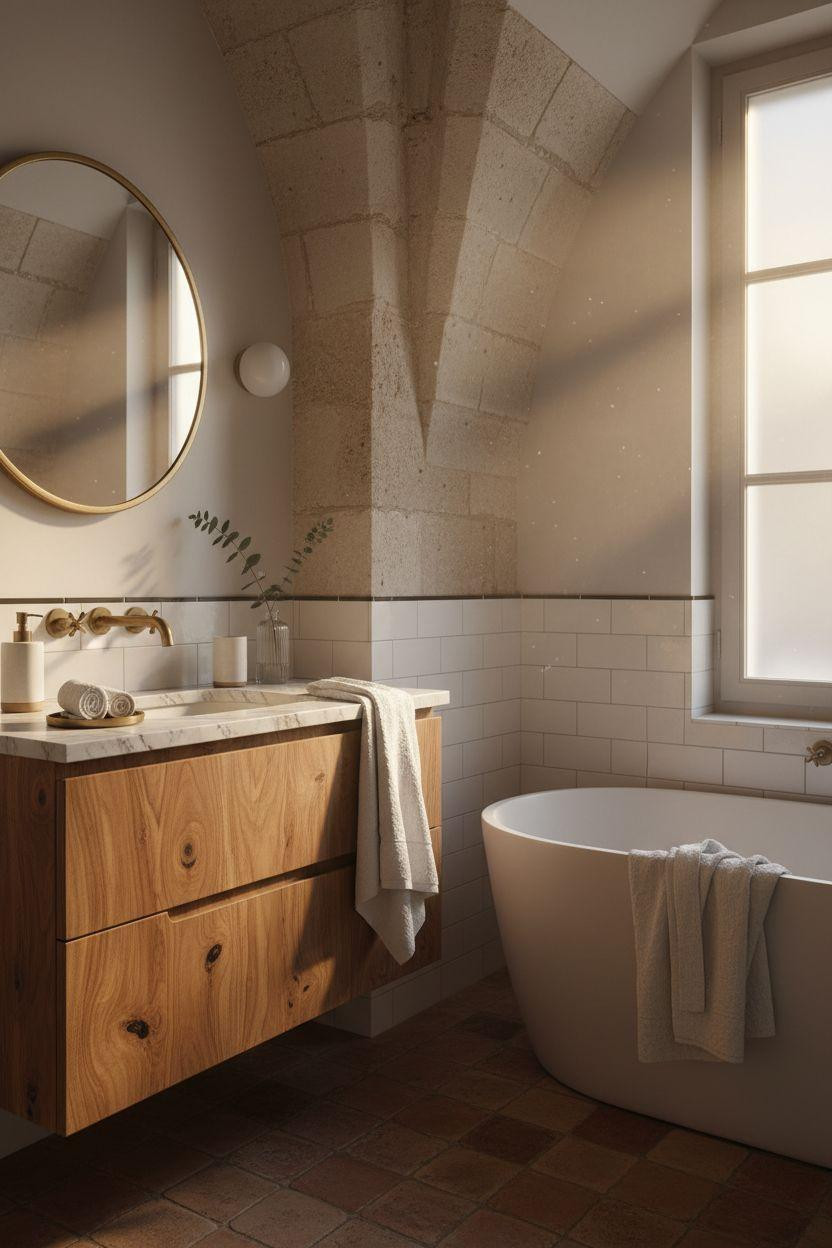 hotel bathroom with walnut vanity and terracotta floor tiles