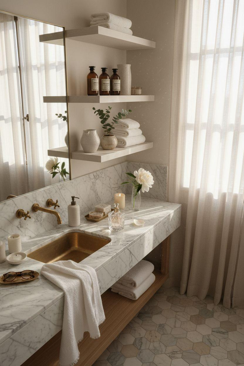 hotel bathroom with Calacatta marble countertop and brass tray styling
