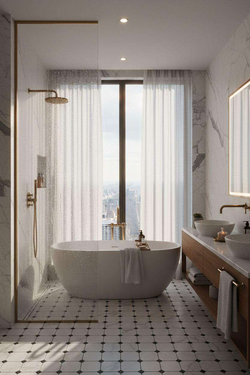hotel bathroom with geometric black and white floor tiles