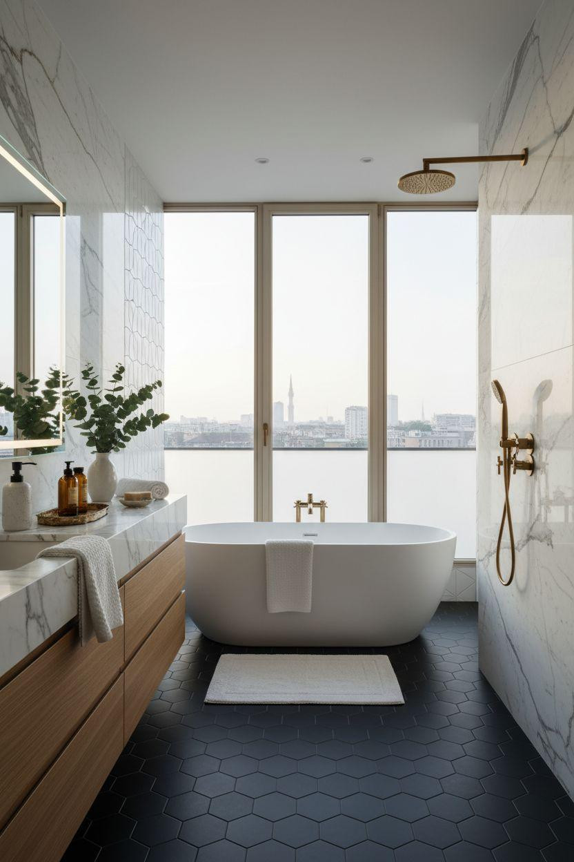 hotel bathroom with black hexagonal floor tiles and Calacatta Gold marble