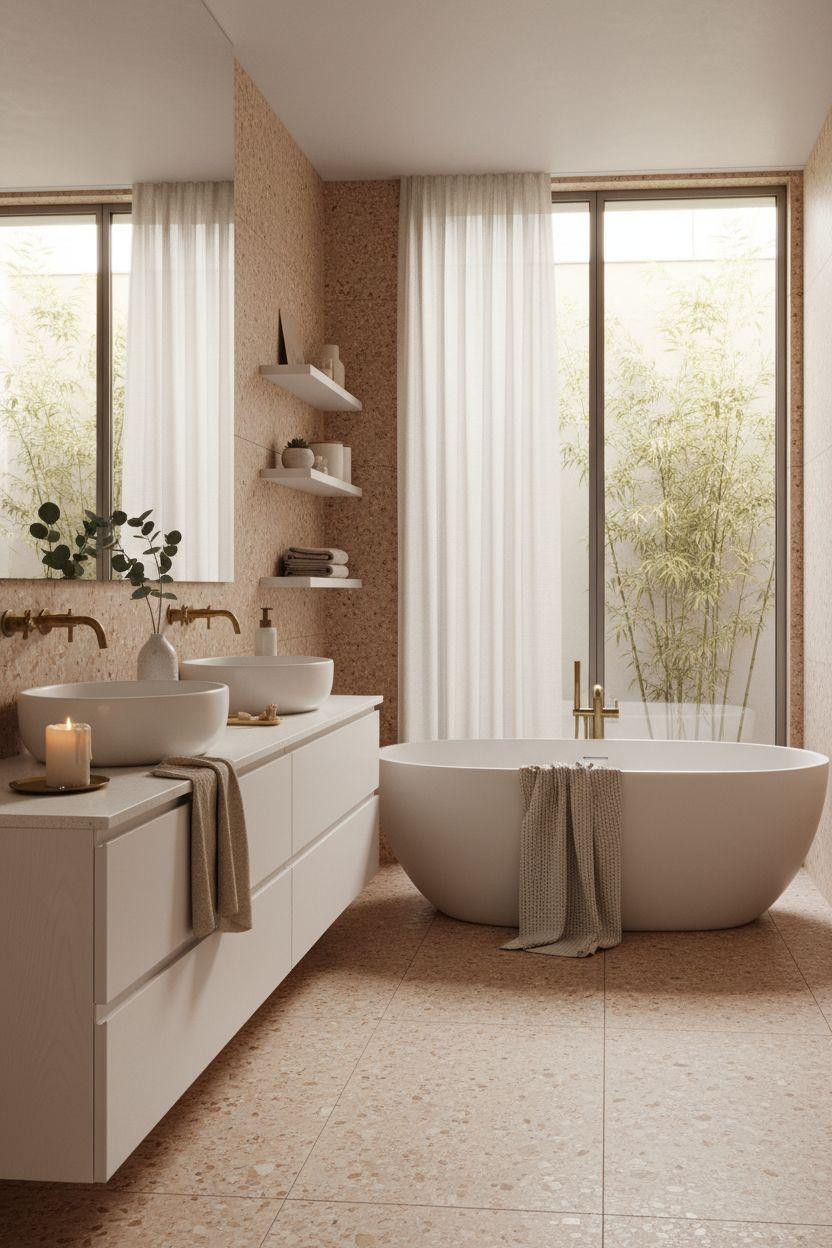 terrazzo bathroom with freestanding soaking tub and serene Japandi flow