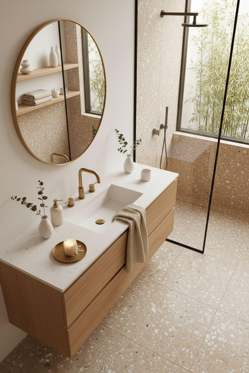 terrazzo bathroom with minimalist Japandi design and bamboo garden views