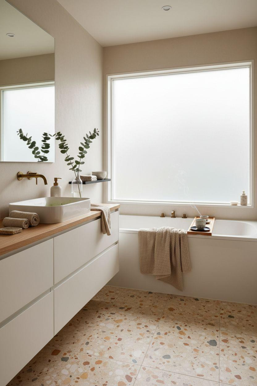 terrazzo bathroom with hinoki wood tray and meditative Japandi design