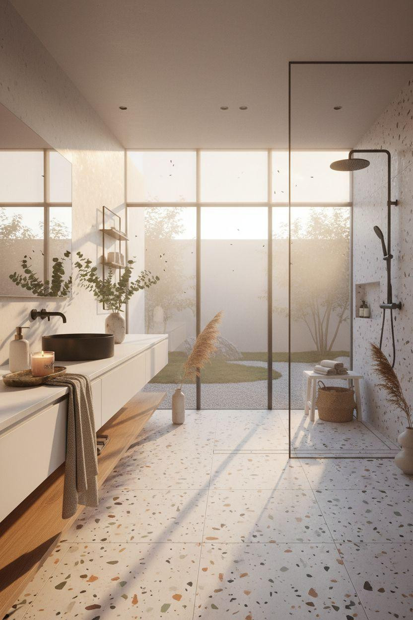 terrazzo bathroom with dramatic natural light and architectural layers