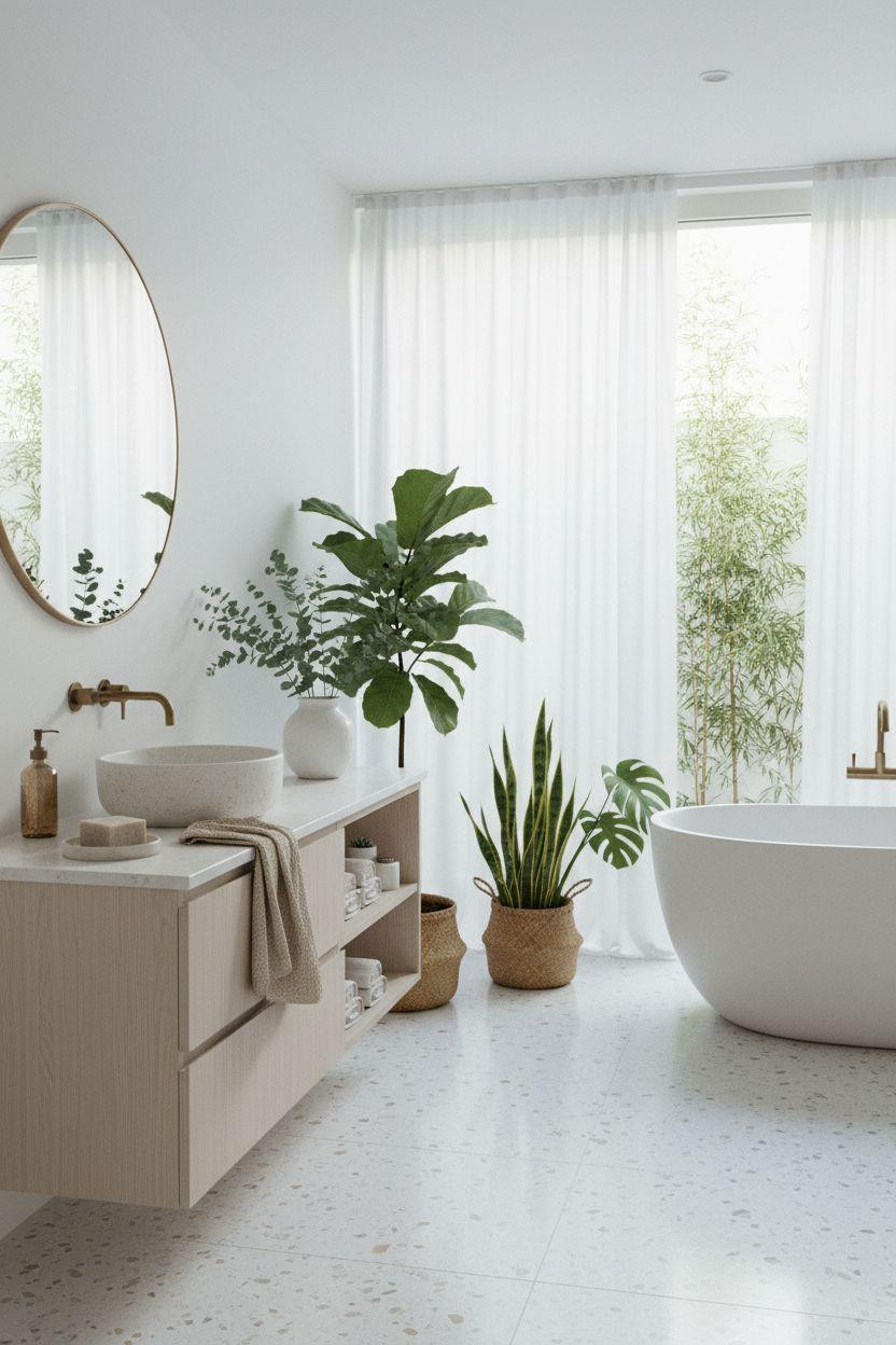 terrazzo bathroom with potted plants and botanical Japandi style