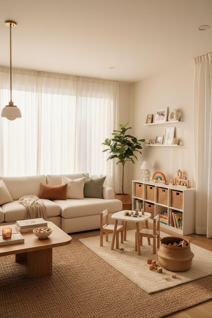 Kid Friendly Living Room - cream bouclé sectional with play table integration