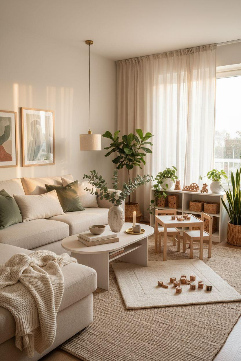 Kid Friendly Living Room - minimalist white oak bookshelf with play mat zone
