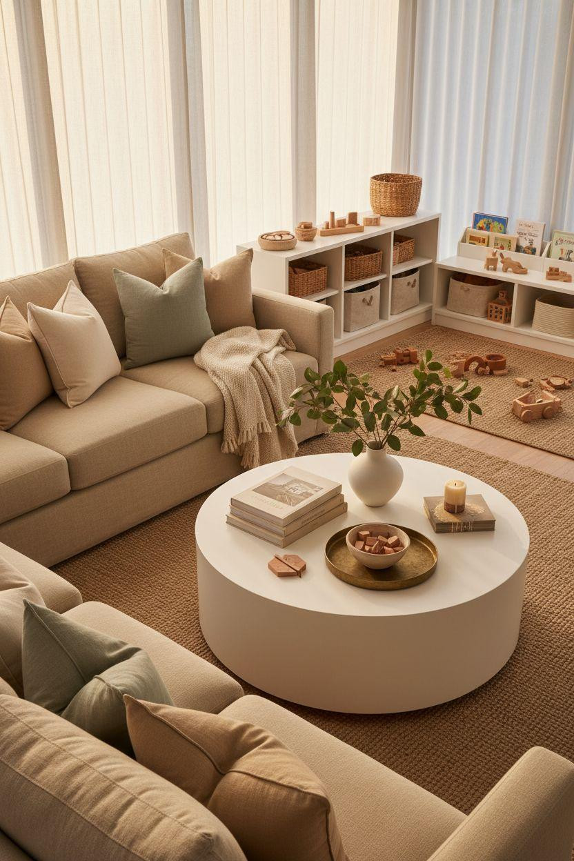 Kid Friendly Living Room - Belgian linen sectional with integrated play area