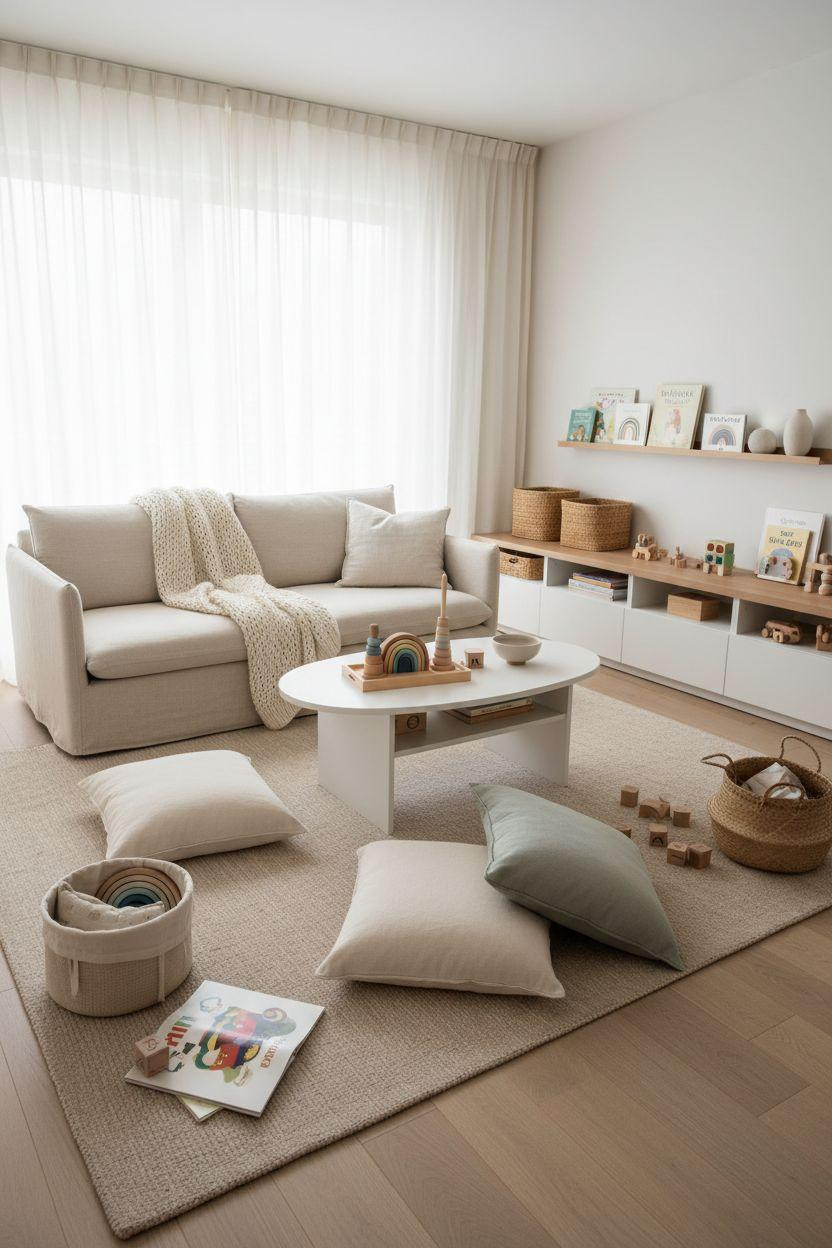 Kid Friendly Living Room - cream linen sofa with rounded edges and concealed storage