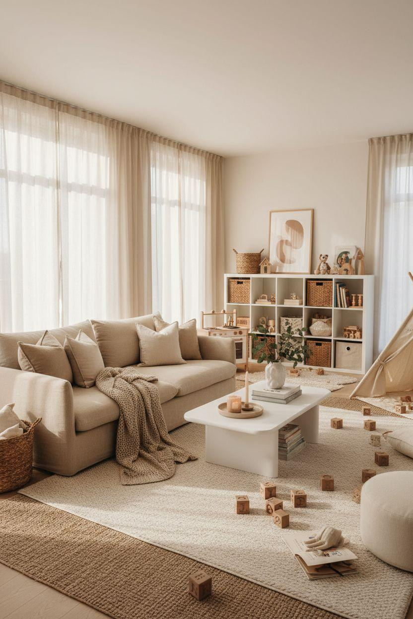 Kid Friendly Living Room - low oak shelving with natural toy display