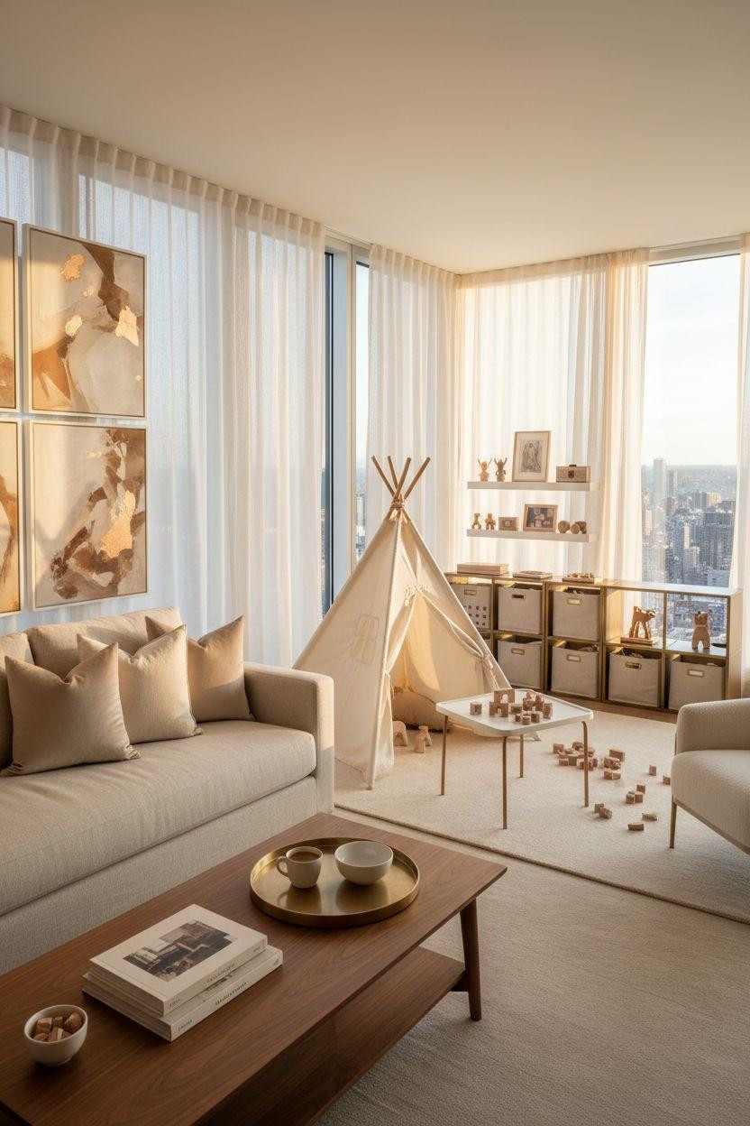 Kid Friendly Living Room - brass-framed toy storage with rose gold accents