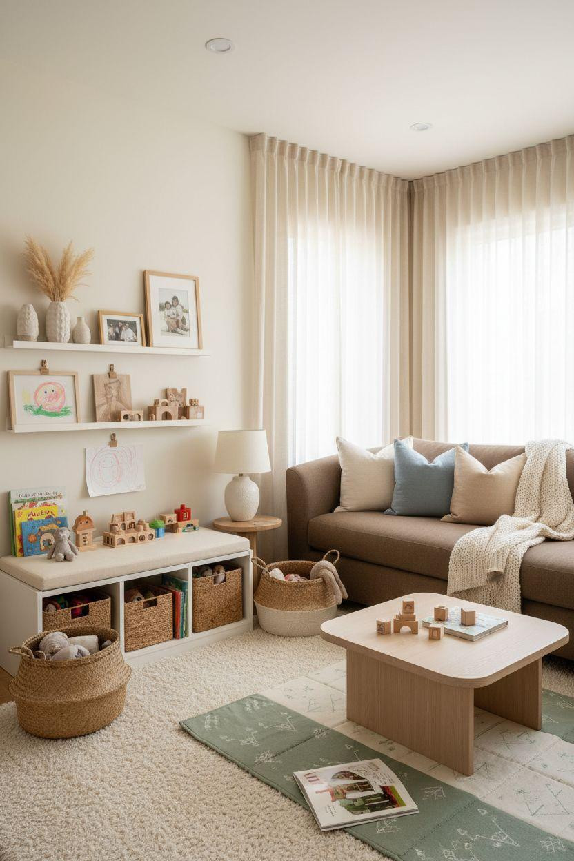 Kid Friendly Living Room - white oak toy chest with soft-close hinges