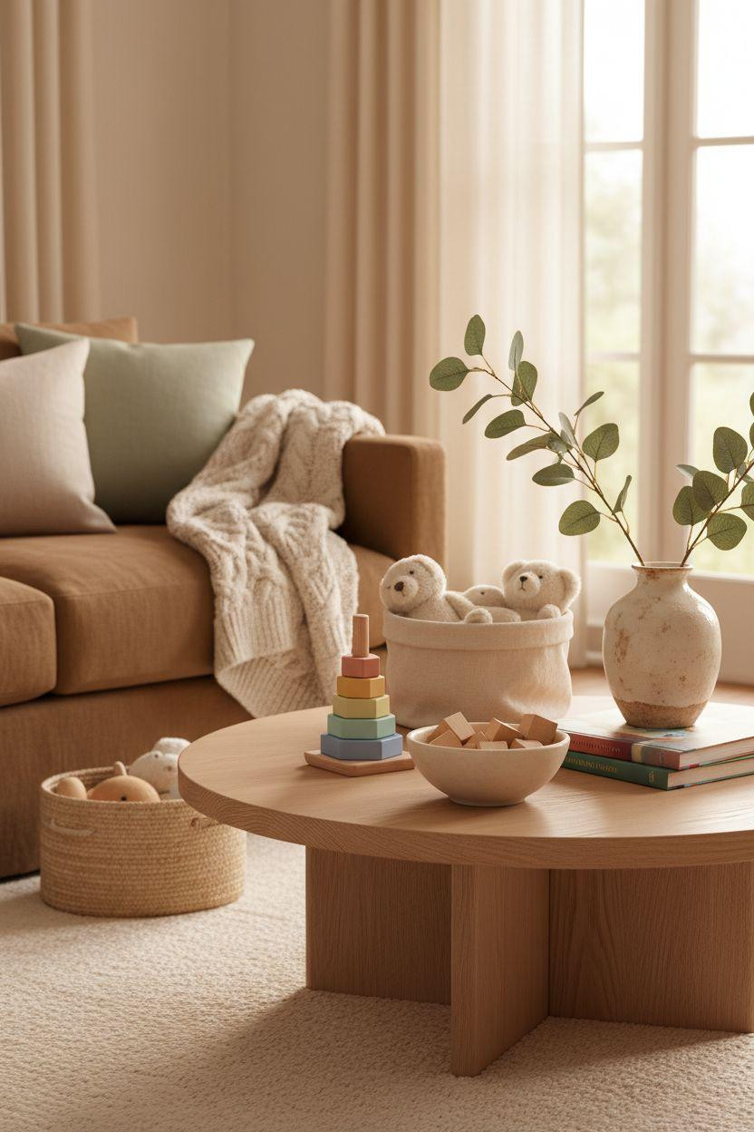 Kid Friendly Living Room - closeup of oak coffee table with stacking toys