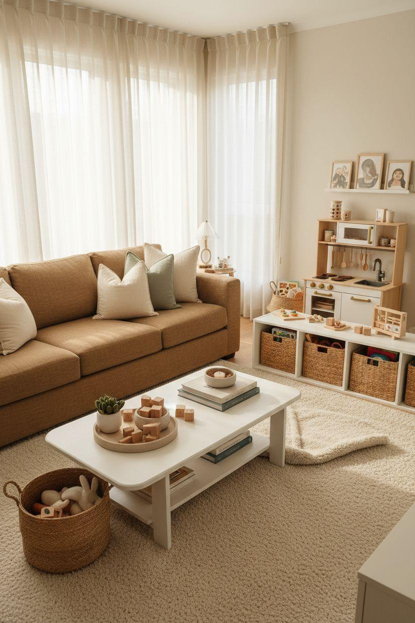 Kid Friendly Living Room - performance linen sectional with woven toy baskets