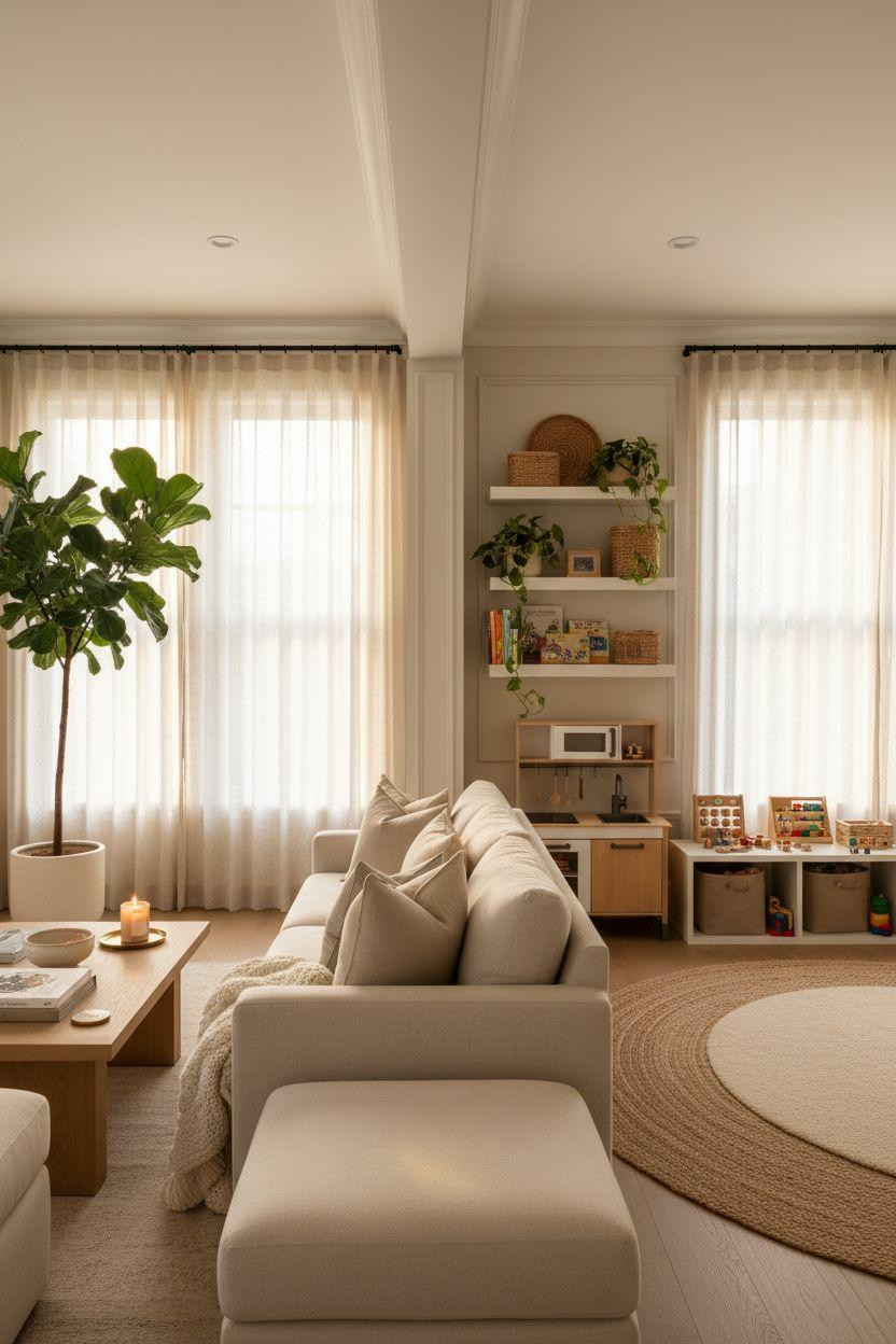 Kid Friendly Living Room - floating shelves with plants and toy storage