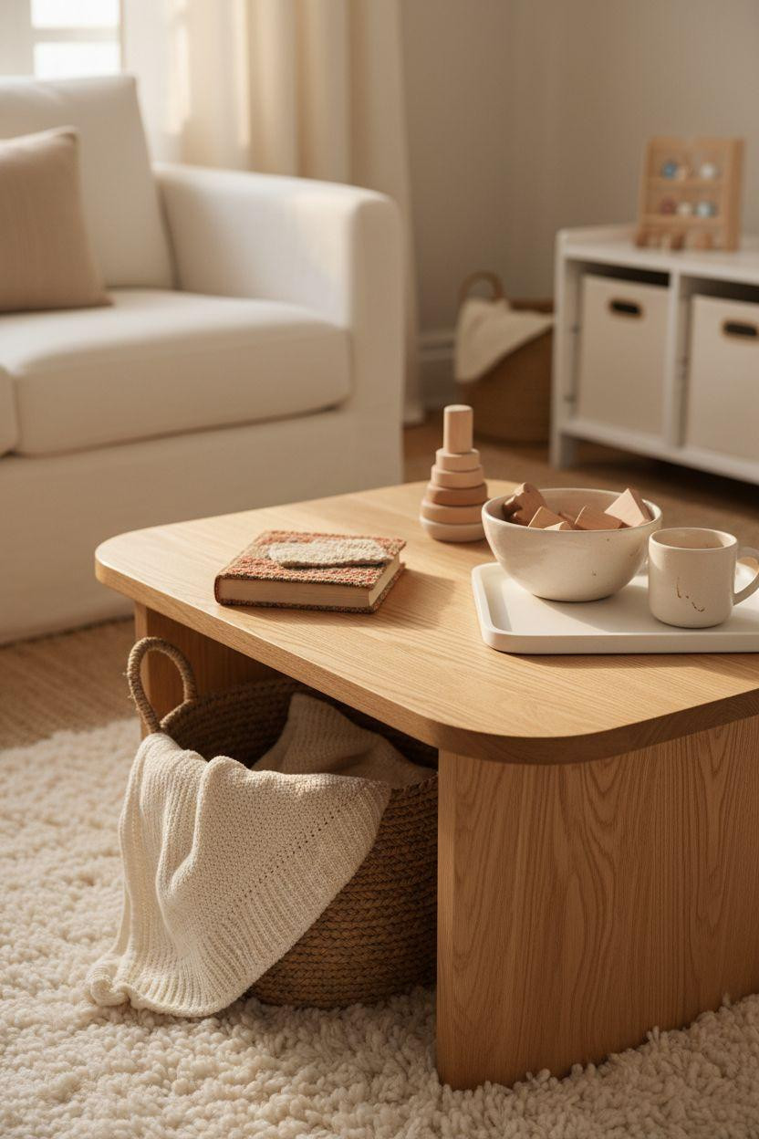 Kid Friendly Living Room - white oak coffee table with rounded edges and soft toys