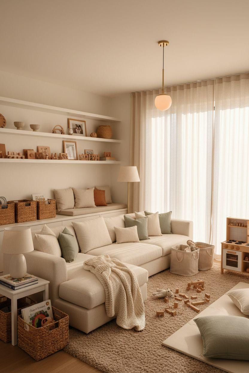 Kid Friendly Living Room - built-in storage bench with play area integration