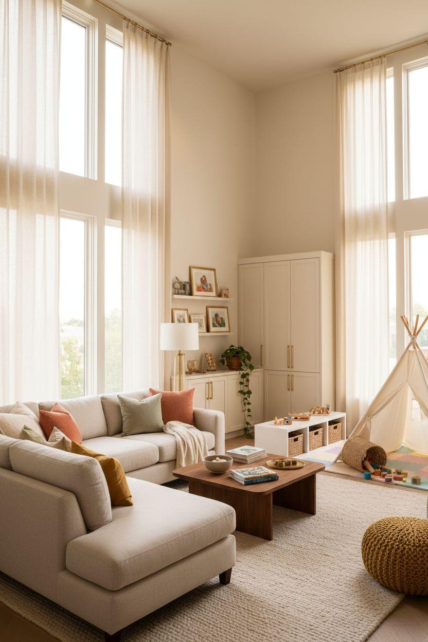 Kid Friendly Living Room - cream sectional with sage and coral accents