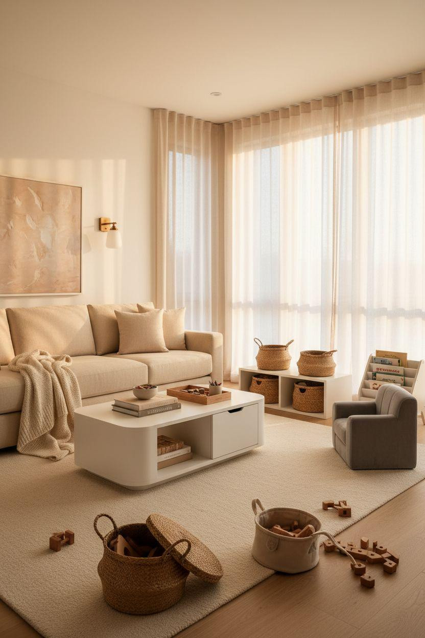 Kid Friendly Living Room - oak coffee table with hidden storage compartments