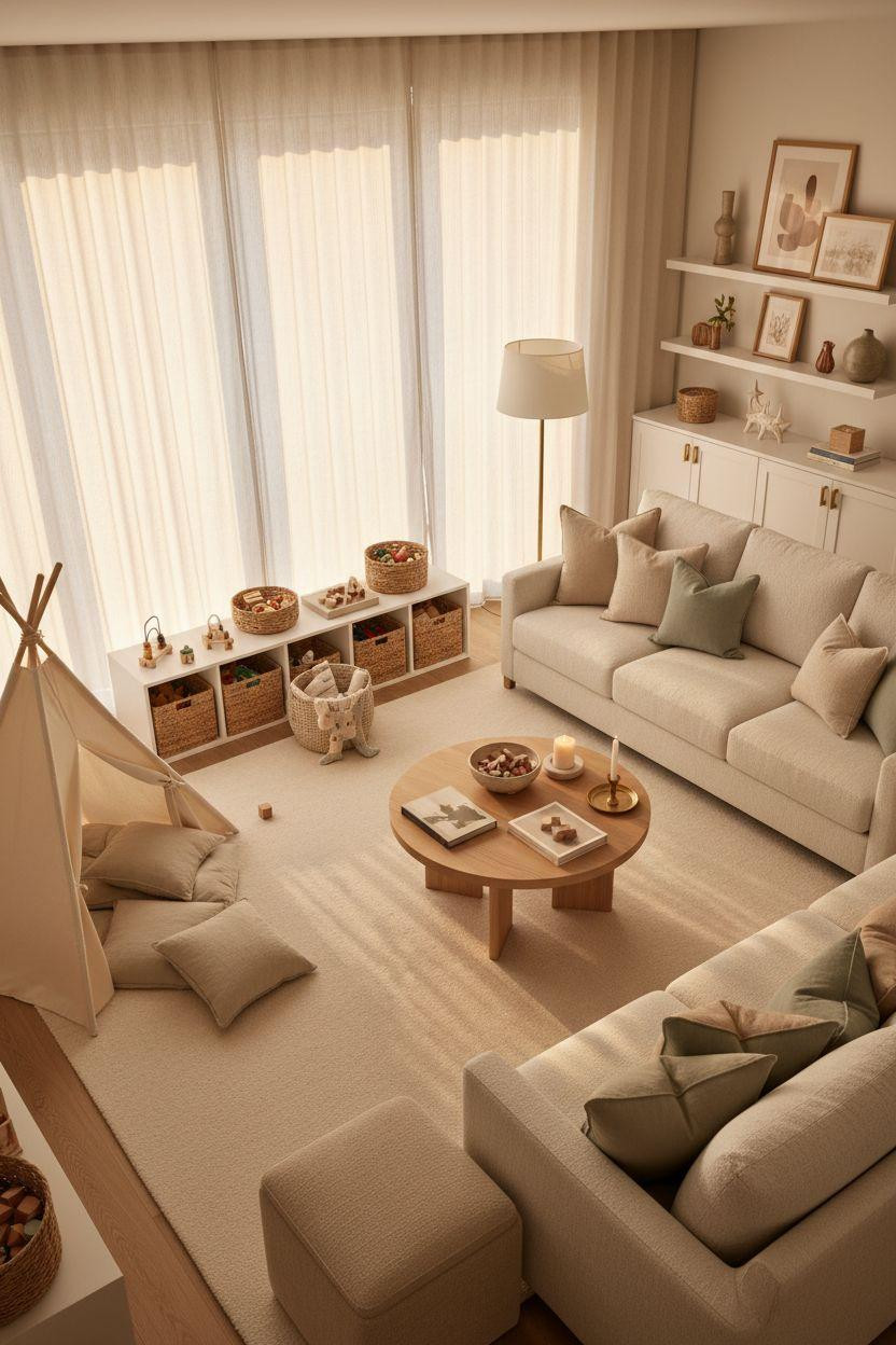 Kid Friendly Living Room - built-in storage with brass hardware and teepee