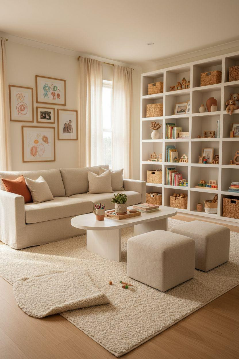 Kid Friendly Living Room - oak shelving with color-coordinated book display