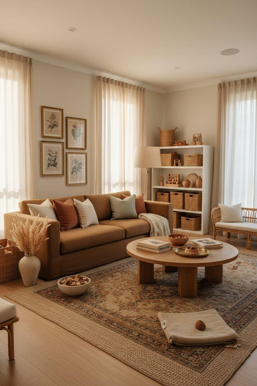 Kid Friendly Living Room - vintage rug with reclaimed oak coffee table