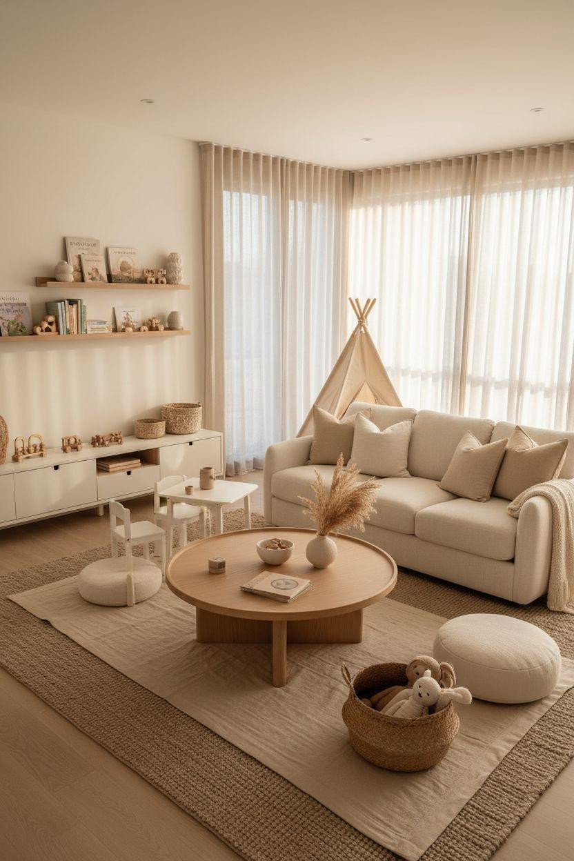 Kid Friendly Living Room - jute rug with washable cotton runner