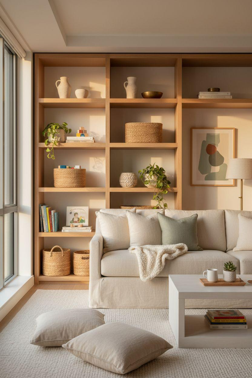 Kid Friendly Living Room - natural oak shelving with three-tier organization