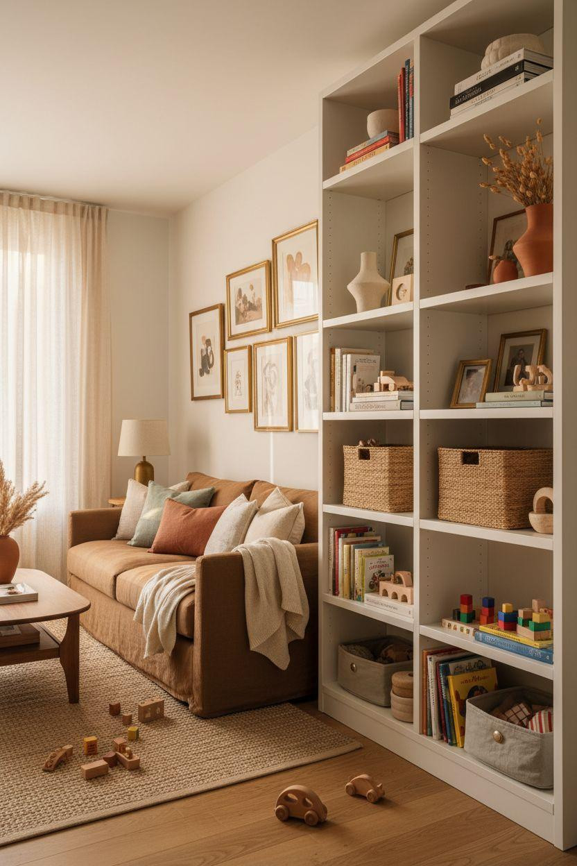 Kid Friendly Living Room - floor-to-ceiling shelving with labeled baskets