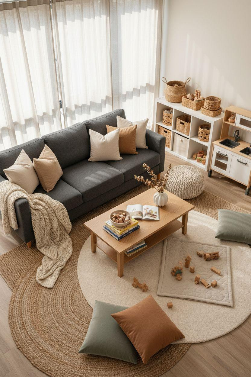 Kid Friendly Living Room - layered rugs with velvet floor cushions