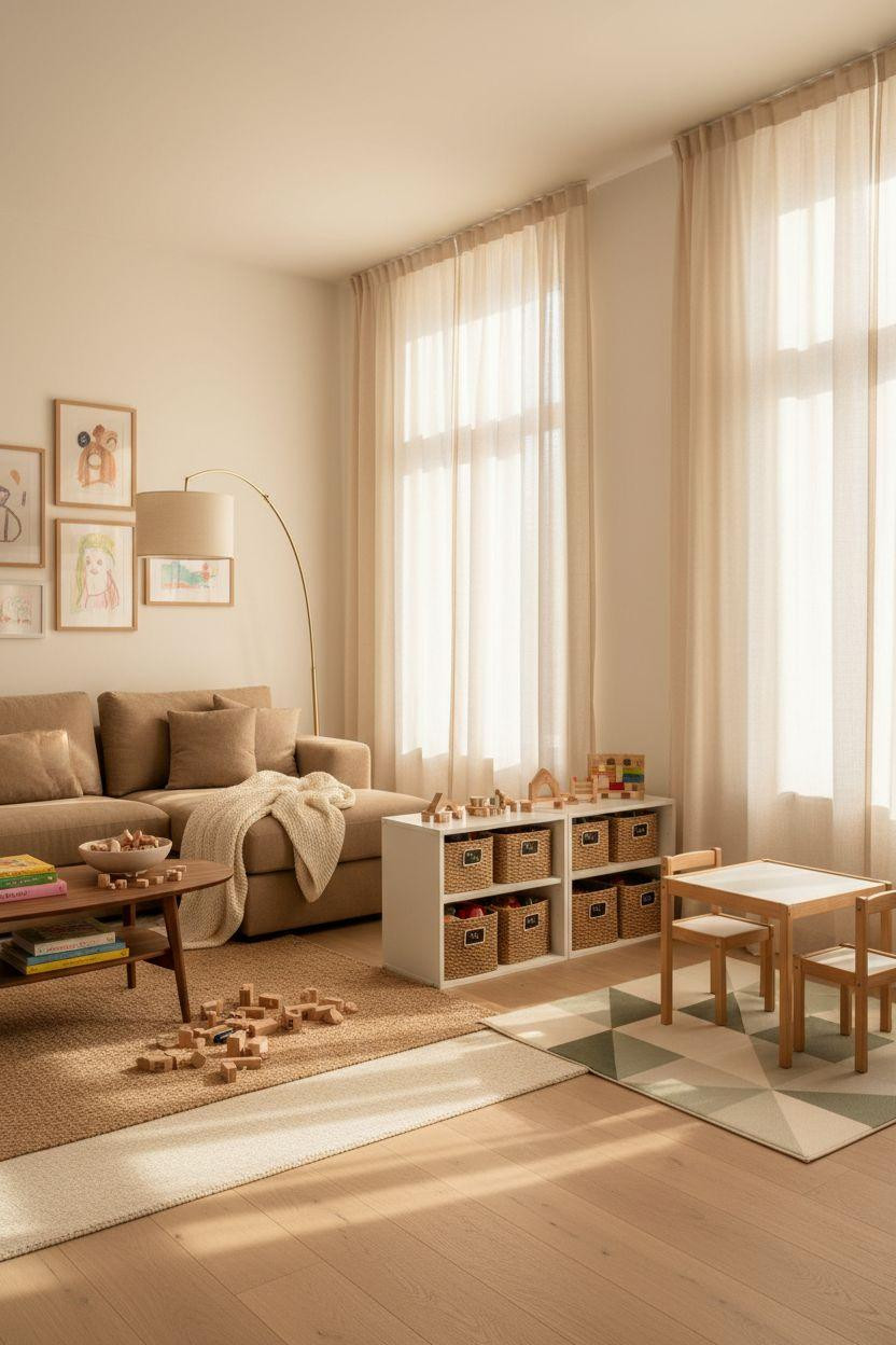 Kid Friendly Living Room - white oak open shelving with toy organization