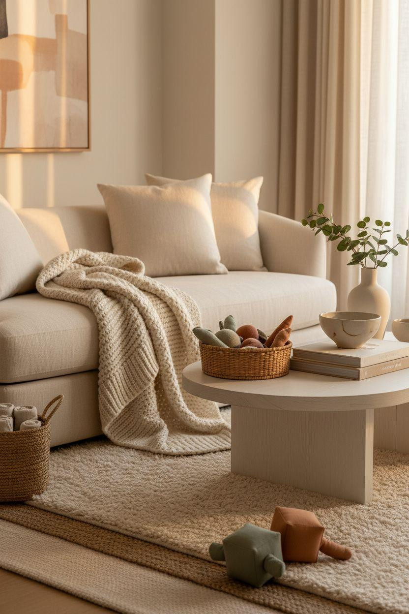 Kid Friendly Living Room - layered textures with rattan basket and wool throw