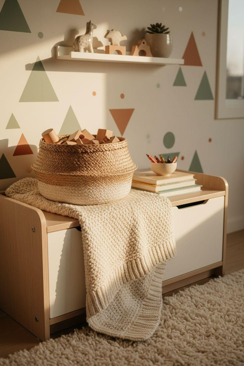 Kid Friendly Living Room - white oak storage bench with geometric wall decals