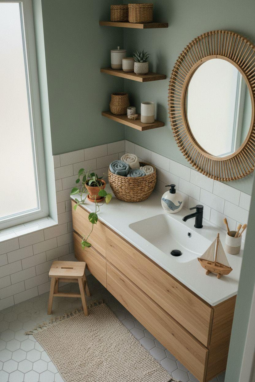 Kids bathroom ideas showing practical layout and accessible storage