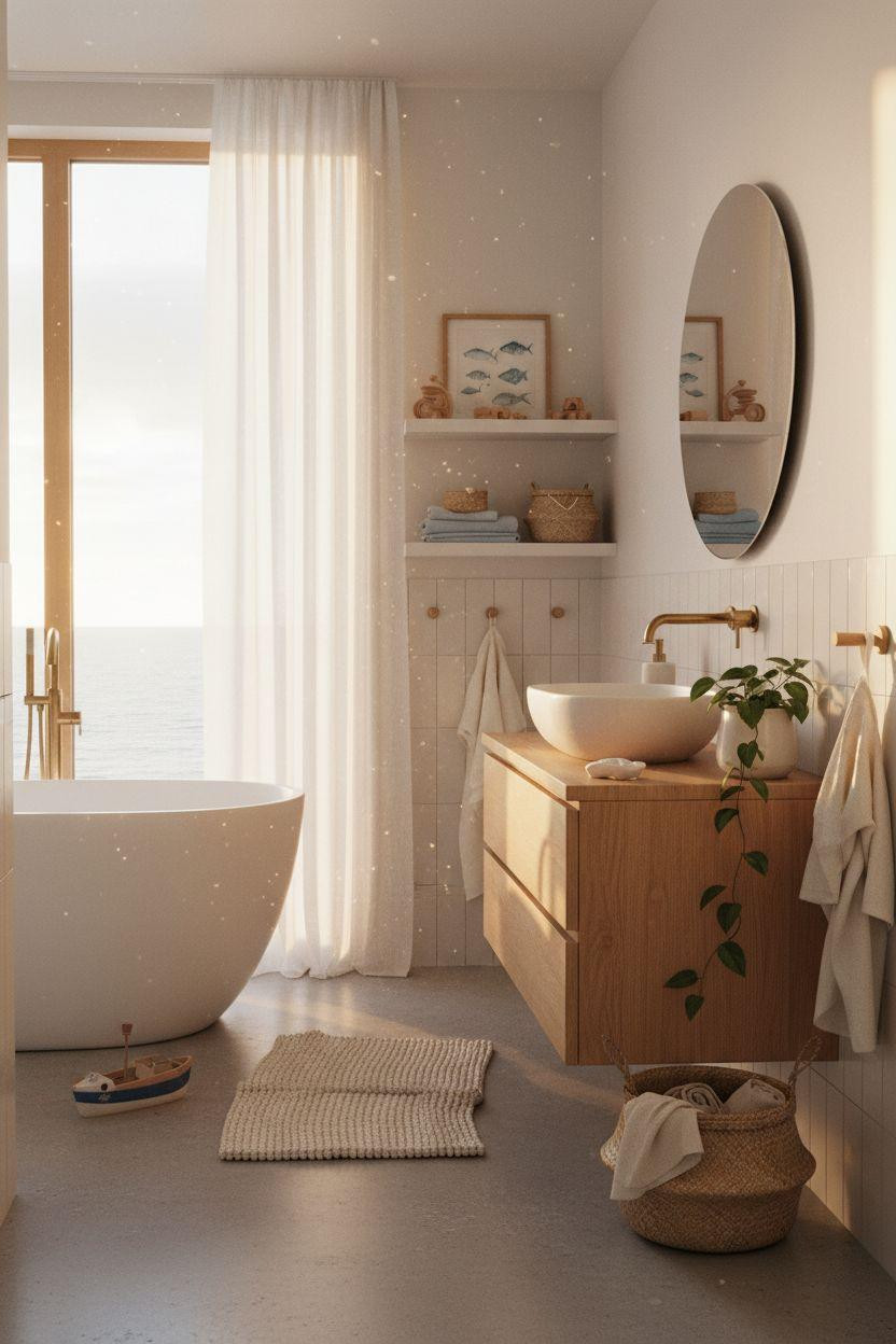 Kids bathroom ideas with coastal design and abundant natural light