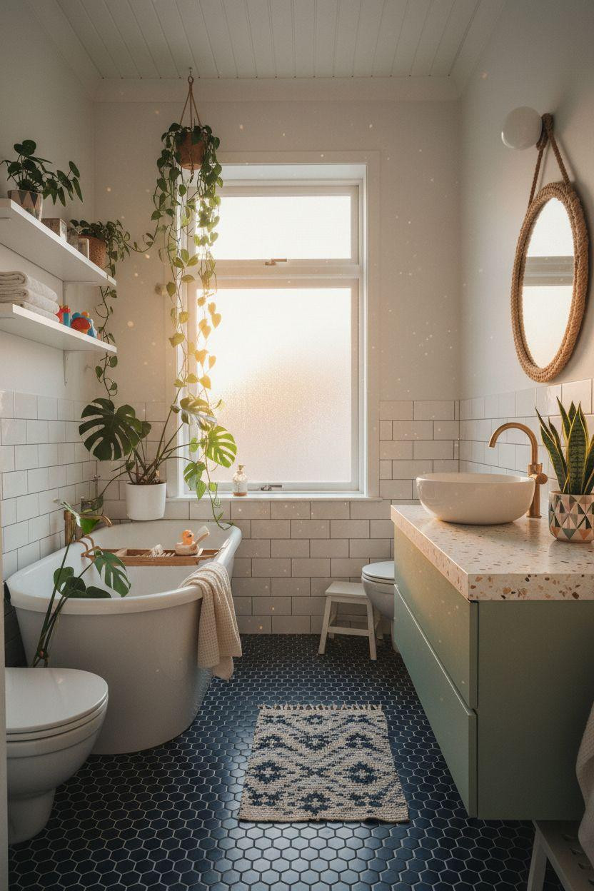 Kids bathroom ideas featuring geometric tile patterns and bold design