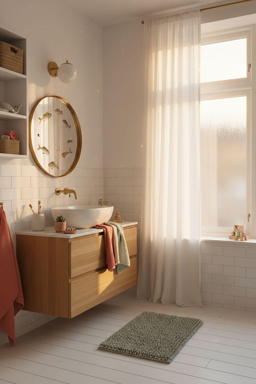 Kids bathroom ideas featuring warm wood tones and soft textiles