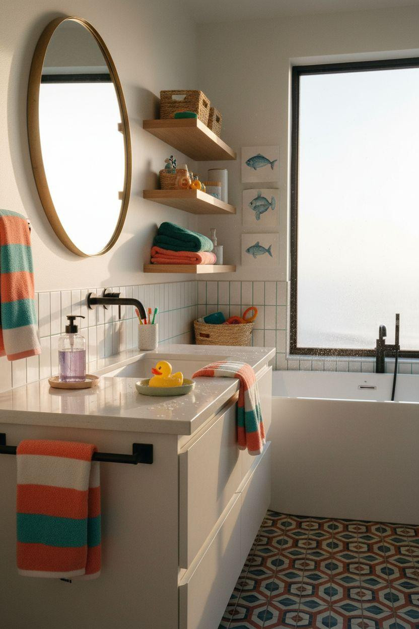 Kids bathroom ideas with coastal style and bright accent colors