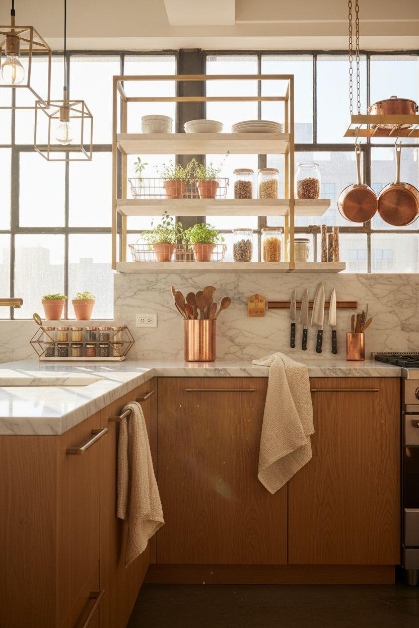 Kitchen Storage Ideas - copper and marble combo