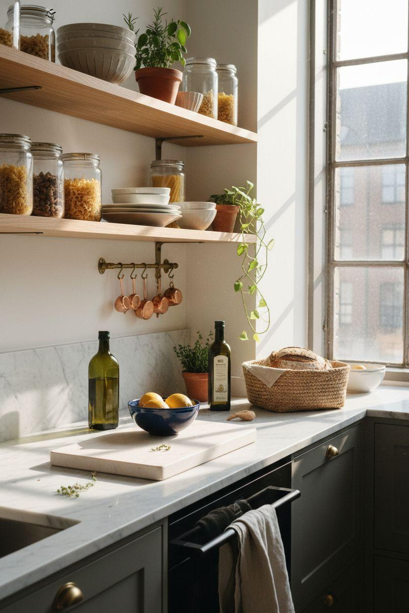 Kitchen Storage Ideas - three-tier oak shelves