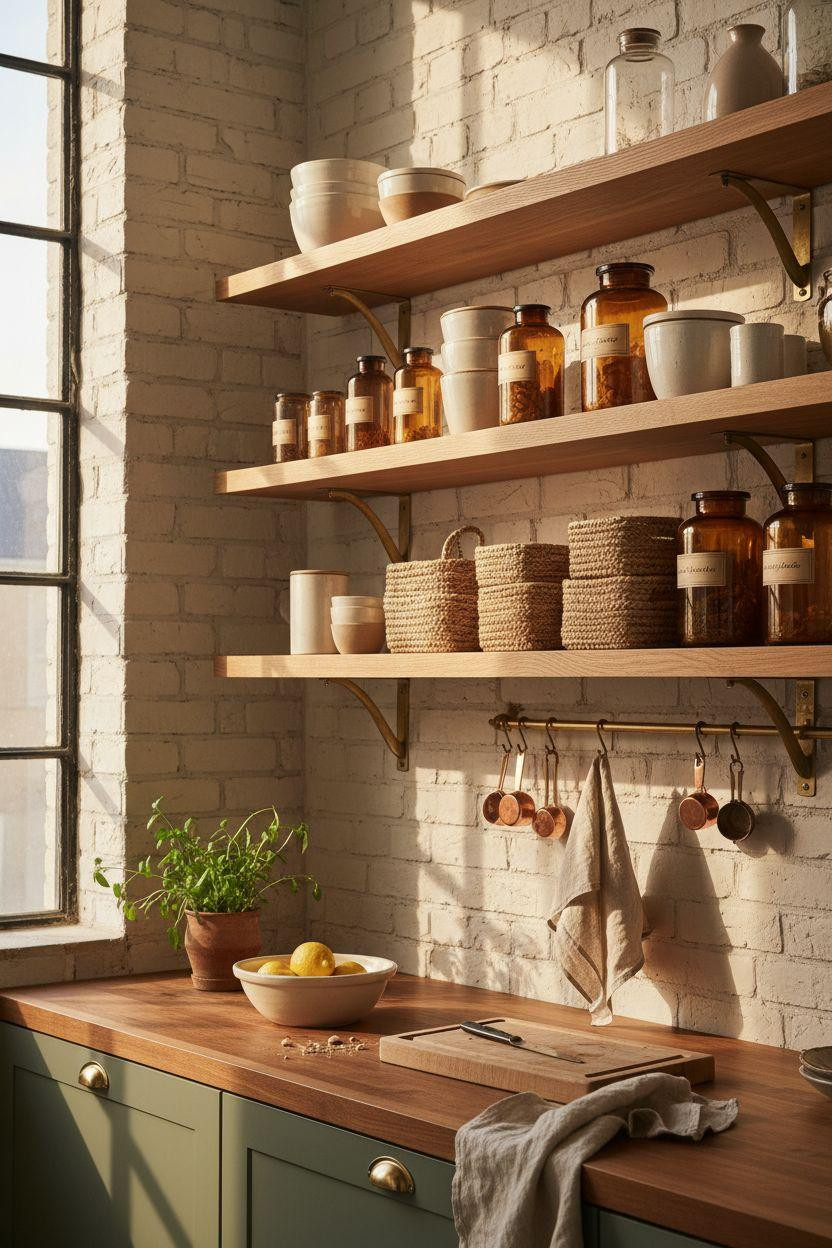 Kitchen Storage Ideas - sage cabinets with brass