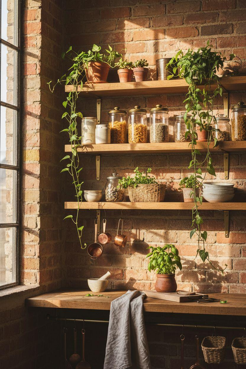 Kitchen Storage Ideas - floating shelves with plants