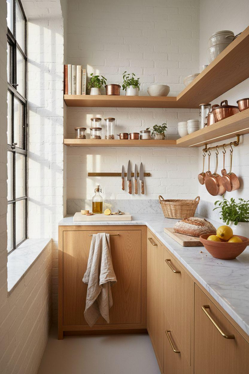 Kitchen Storage Ideas - compact galley with oak shelves
