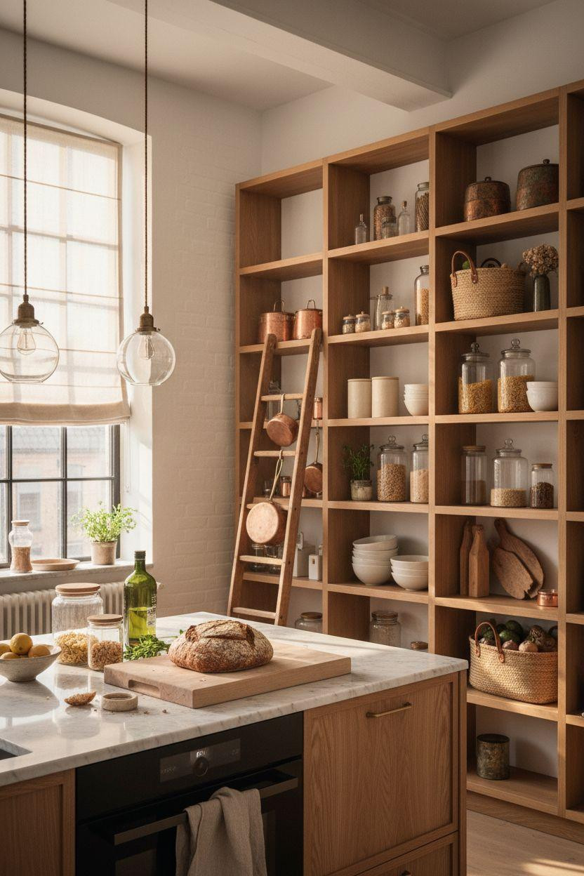 Kitchen Storage Ideas - full-height oak storage wall