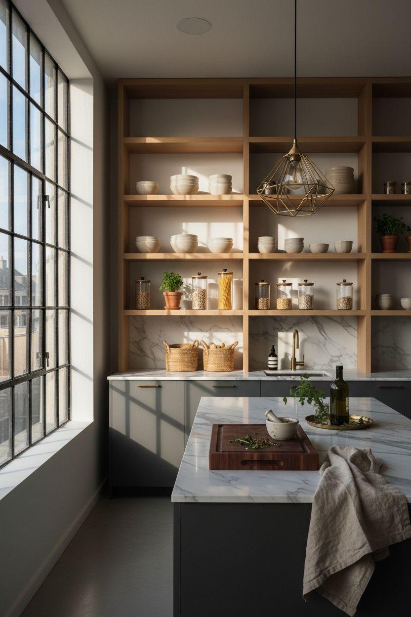 Kitchen Storage Ideas - charcoal and brass grid system