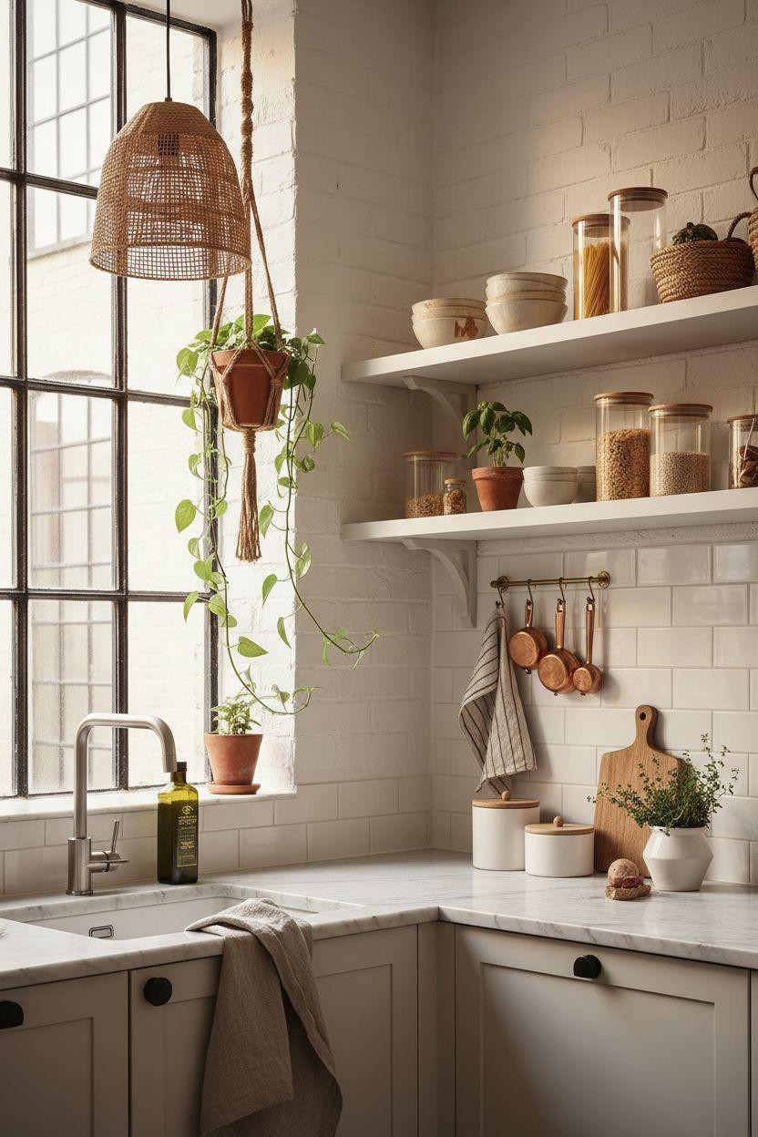 Kitchen Storage Ideas - botanical shelf styling