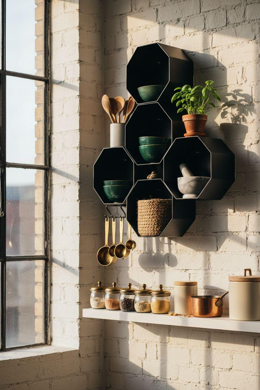 Kitchen Storage Ideas - geometric wall organizer