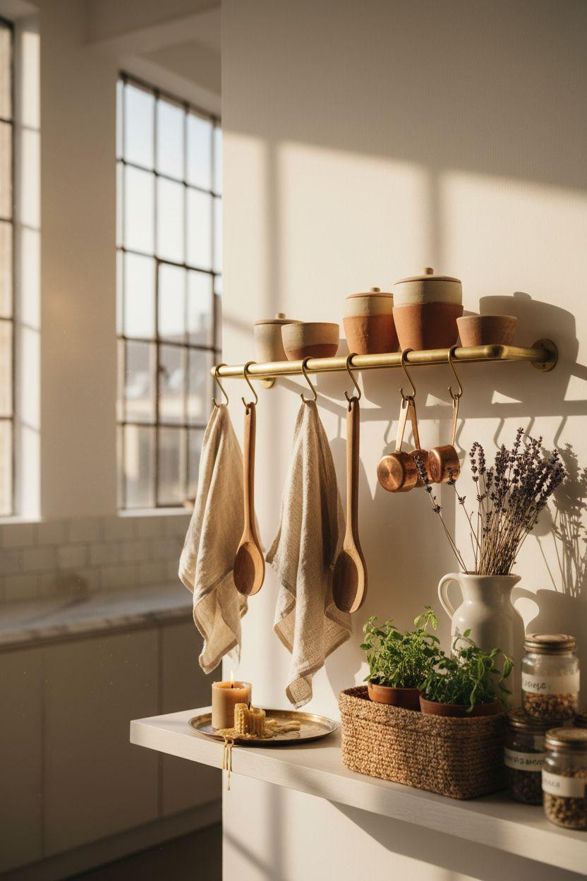 Kitchen Storage Ideas - brass rail with S-hooks